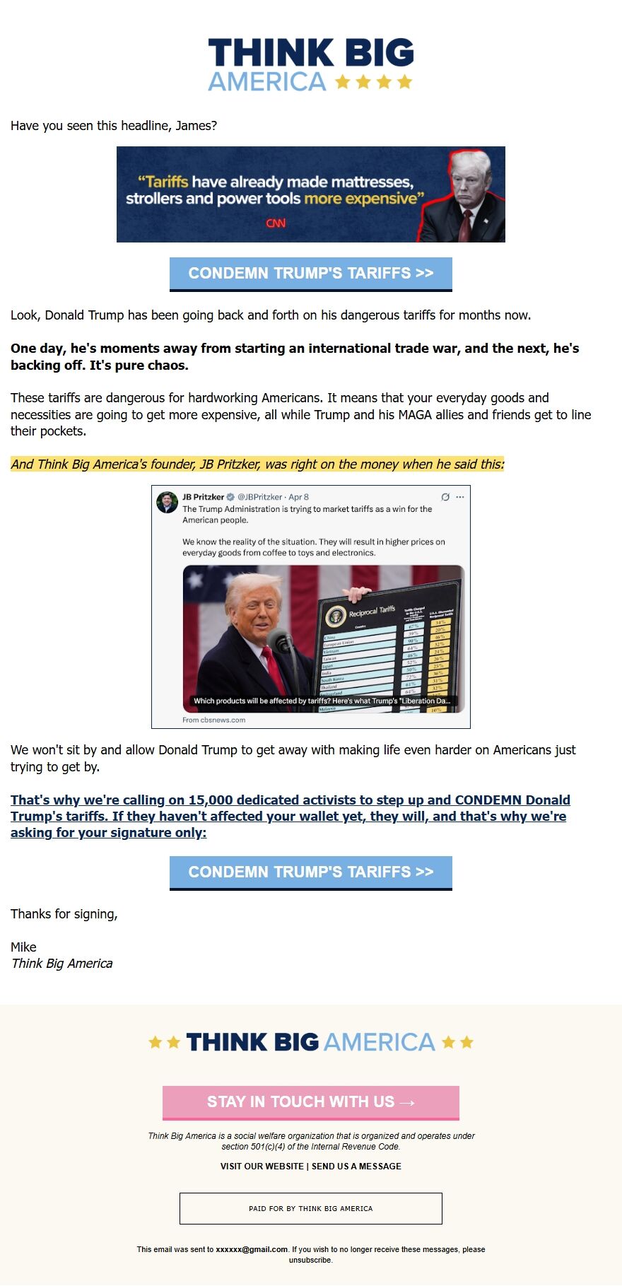 Screenshot of the email generated on import