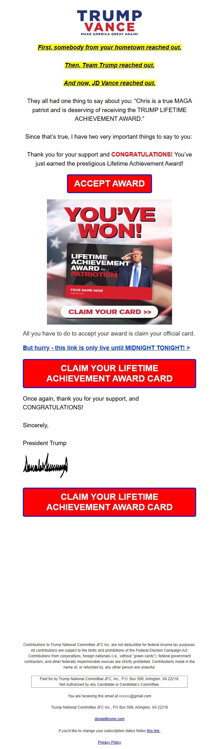 Screenshot of the email generated on import
