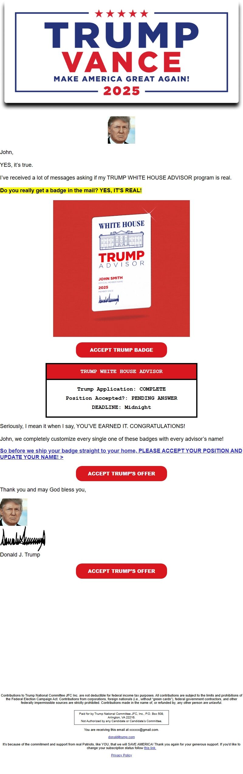 Screenshot of the email generated on import
