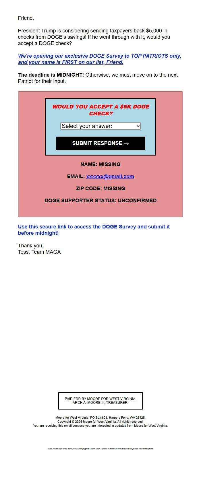 Screenshot of the email generated on import