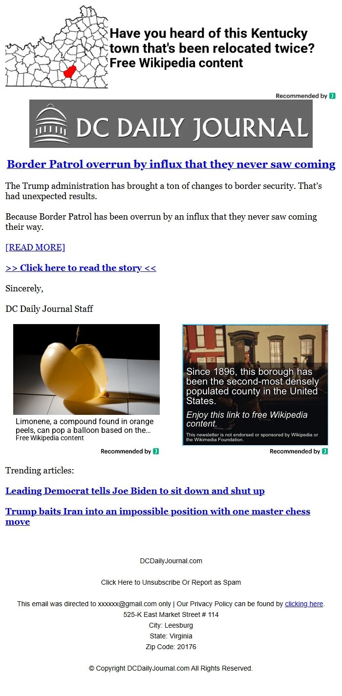 Screenshot of the email generated on import