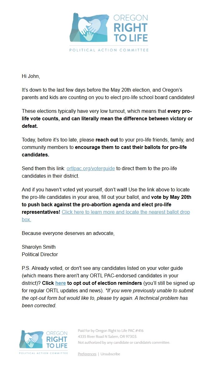 Screenshot of the email generated on import