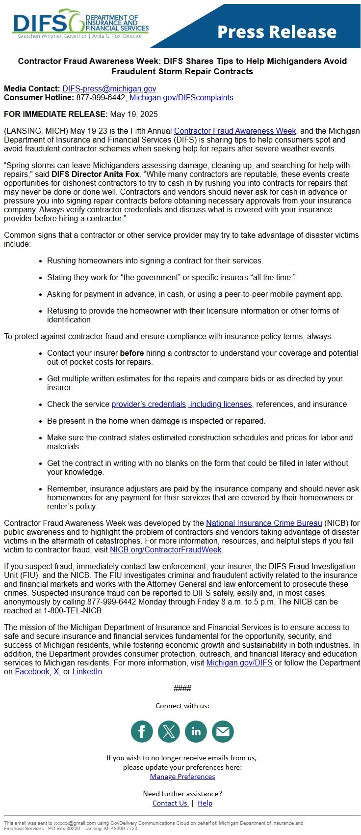 Screenshot of the email generated on import