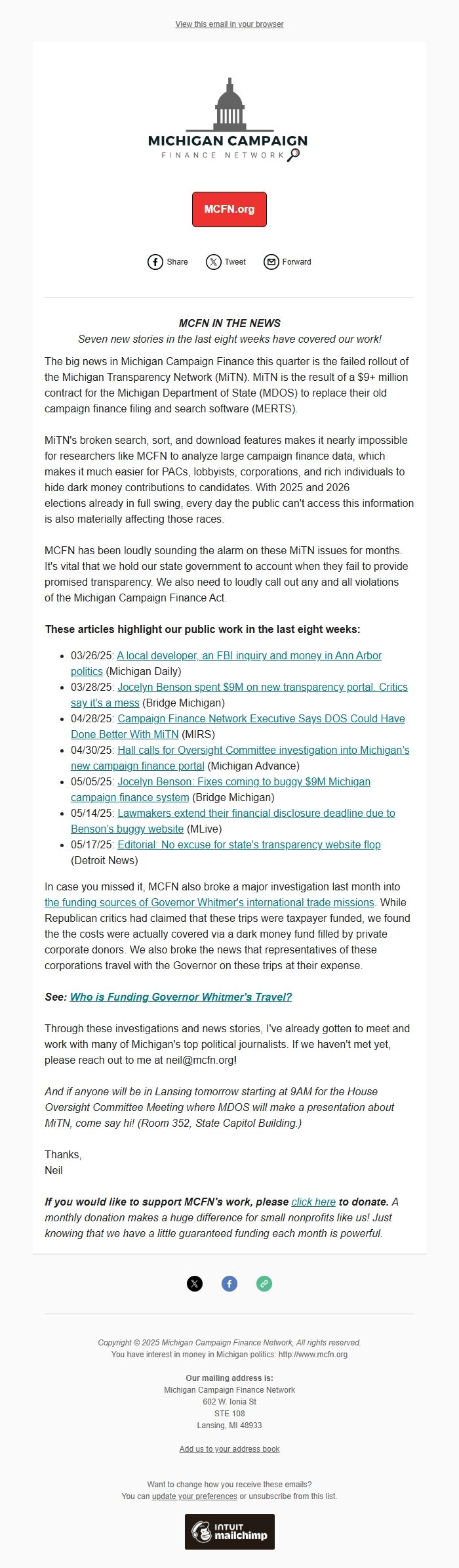 Screenshot of the email generated on import