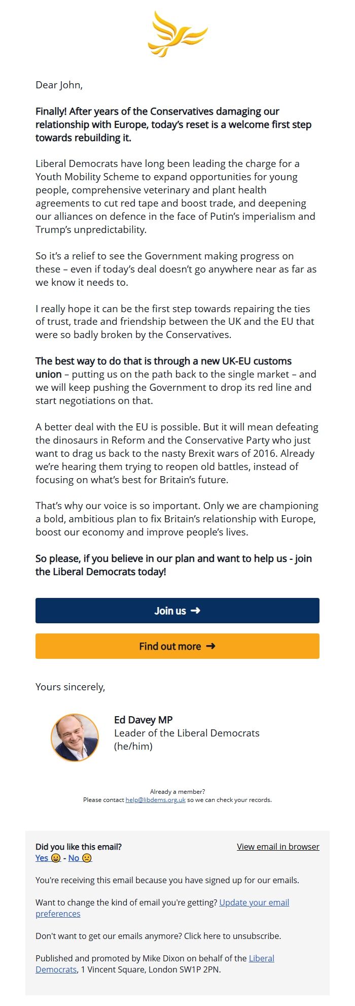 Screenshot of the email generated on import