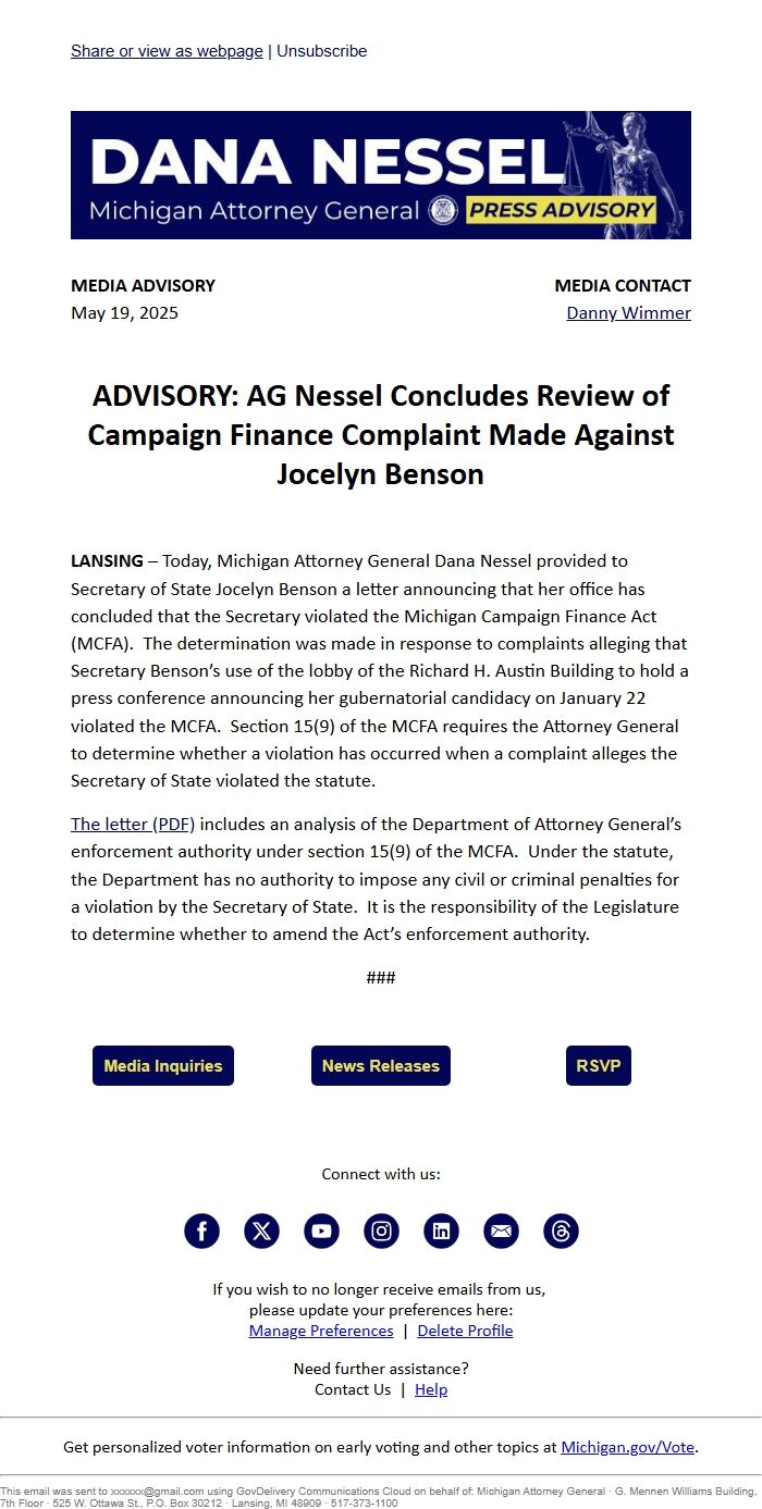 Screenshot of the email generated on import