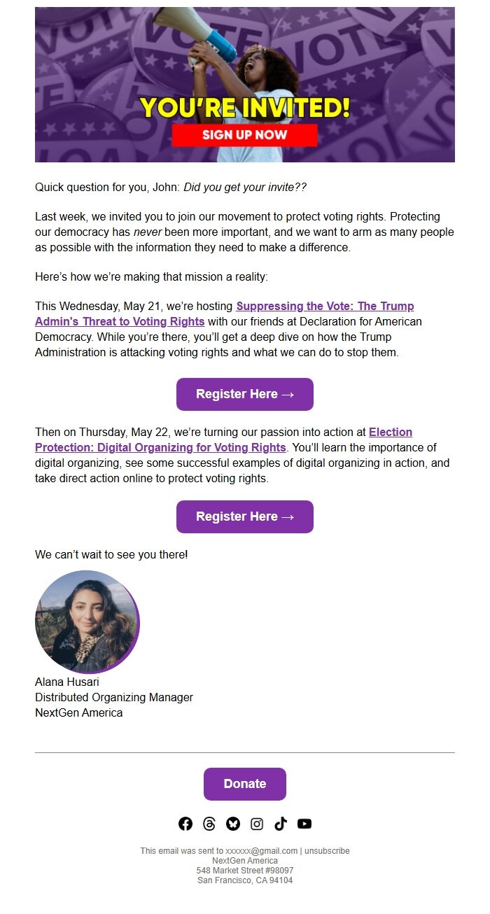 Screenshot of the email generated on import