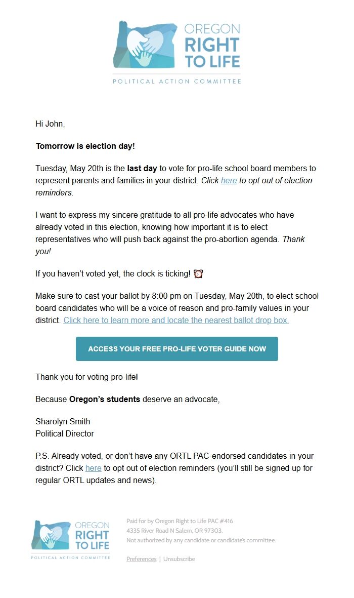 Screenshot of the email generated on import