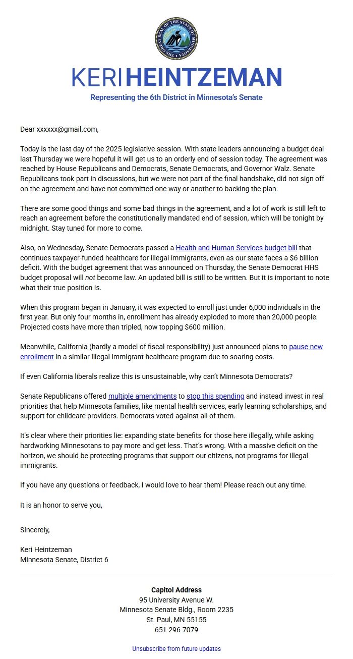 Screenshot of the email generated on import