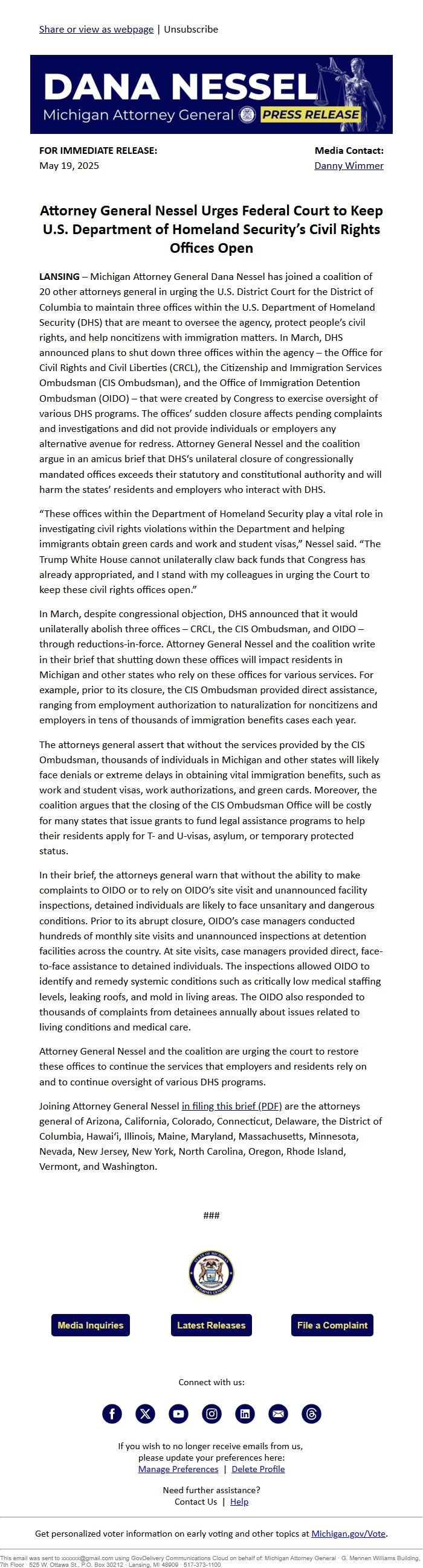 Screenshot of the email generated on import