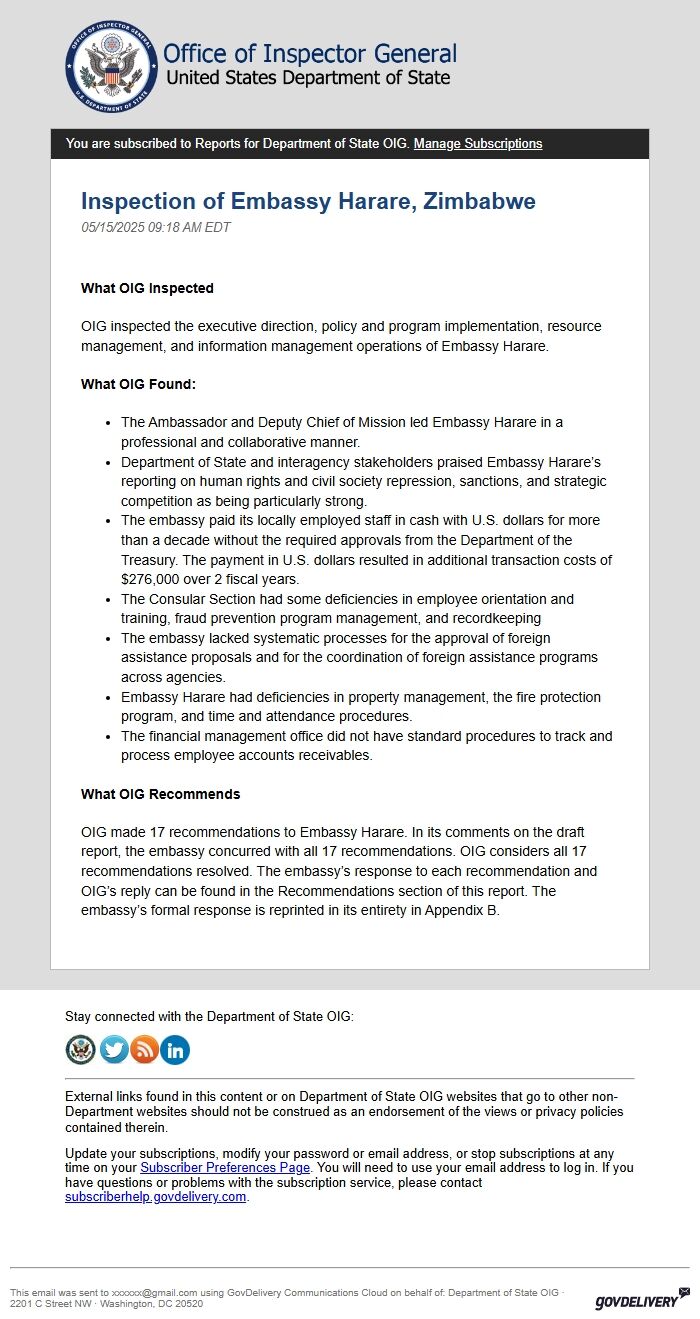 Screenshot of the email generated on import