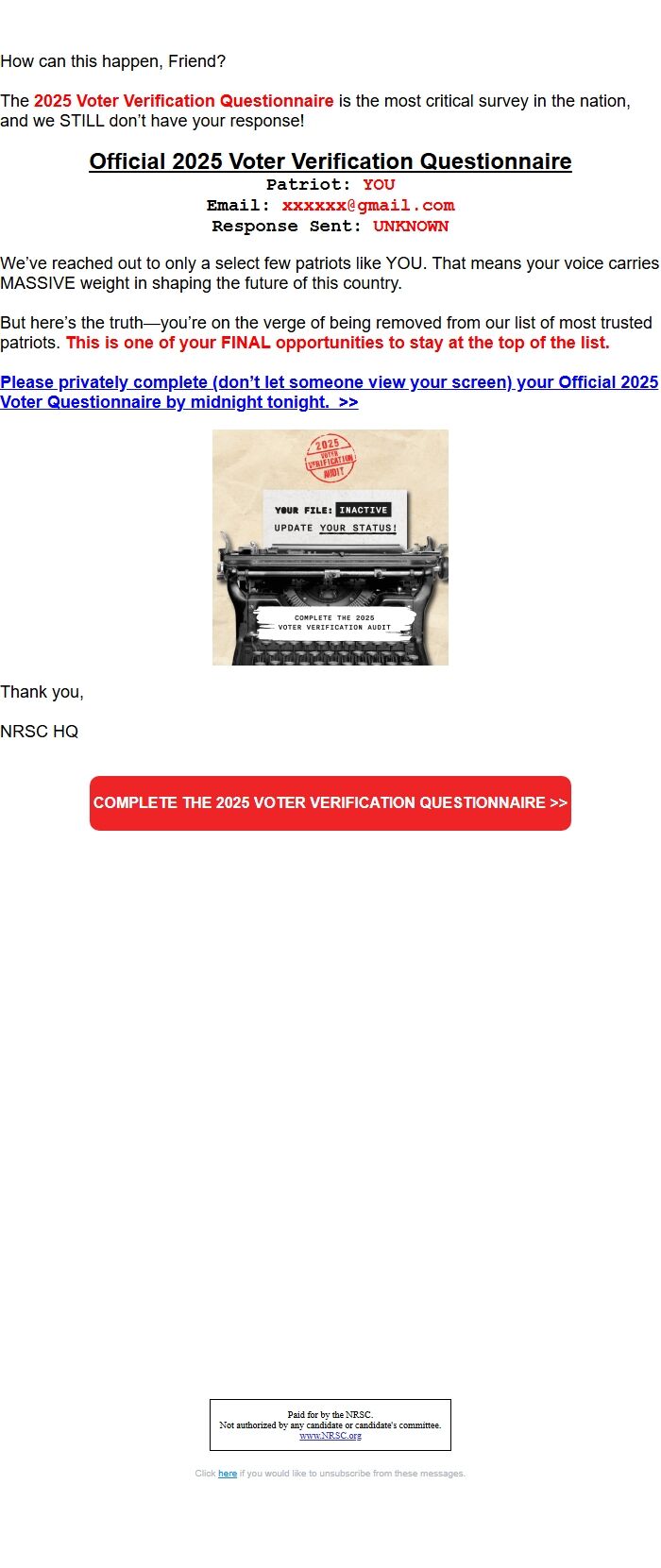 Screenshot of the email generated on import