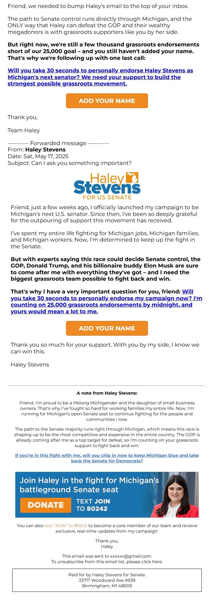 Screenshot of the email generated on import