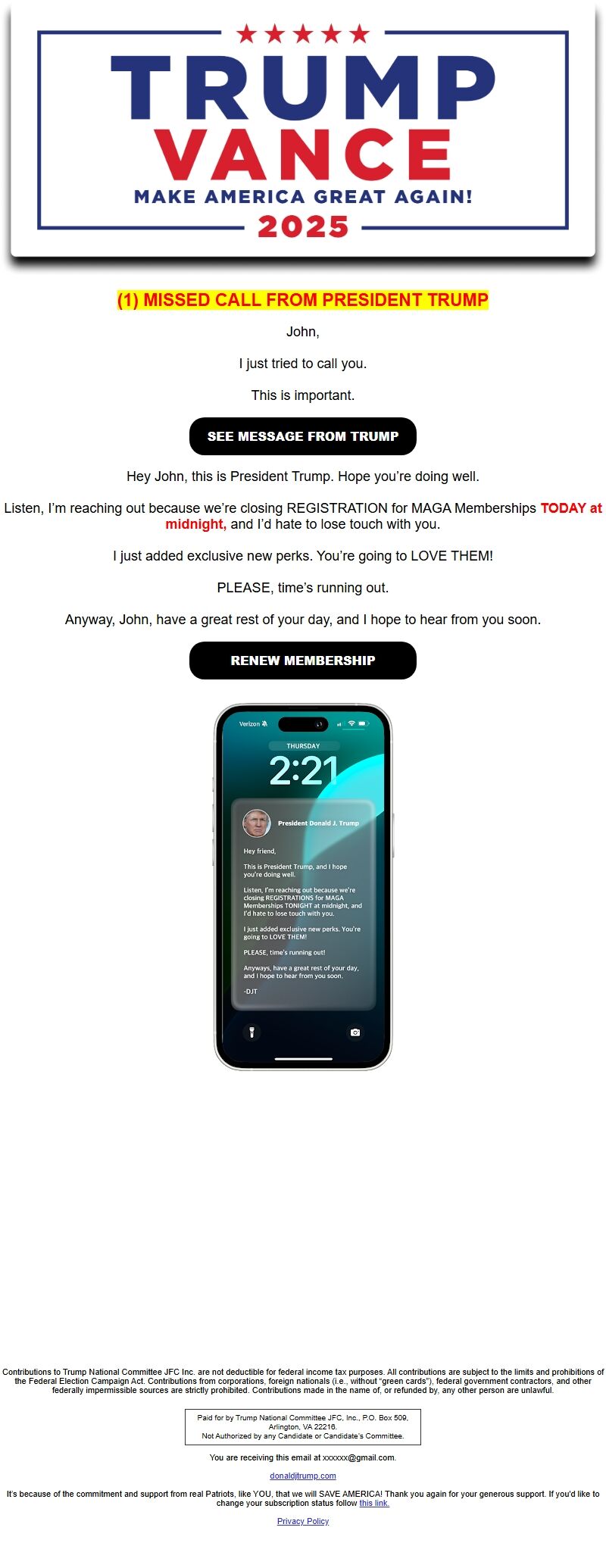 Screenshot of the email generated on import