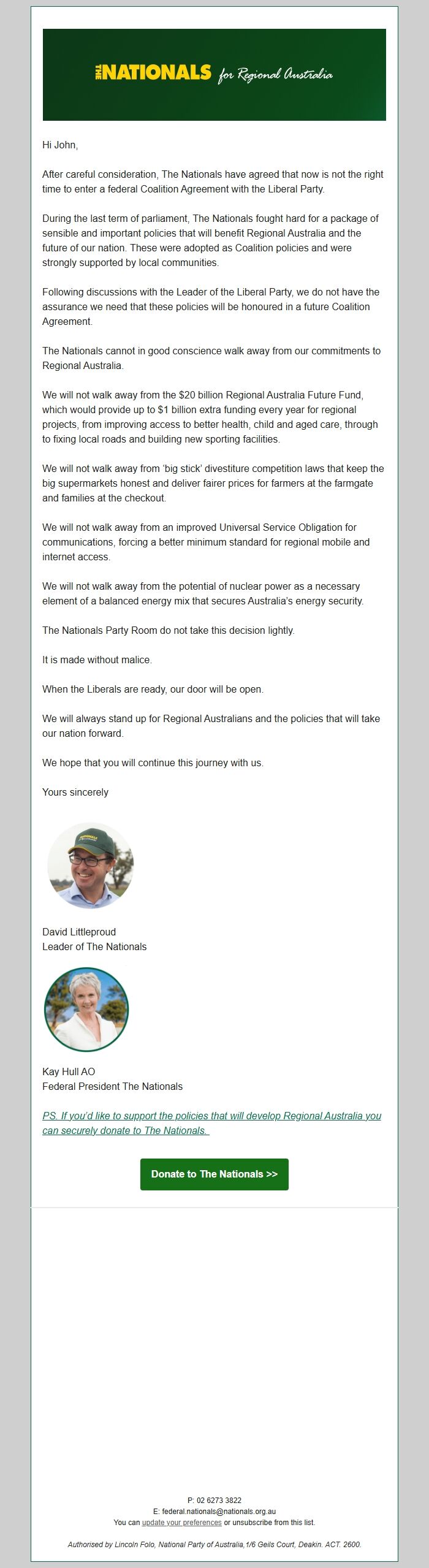 Screenshot of the email generated on import