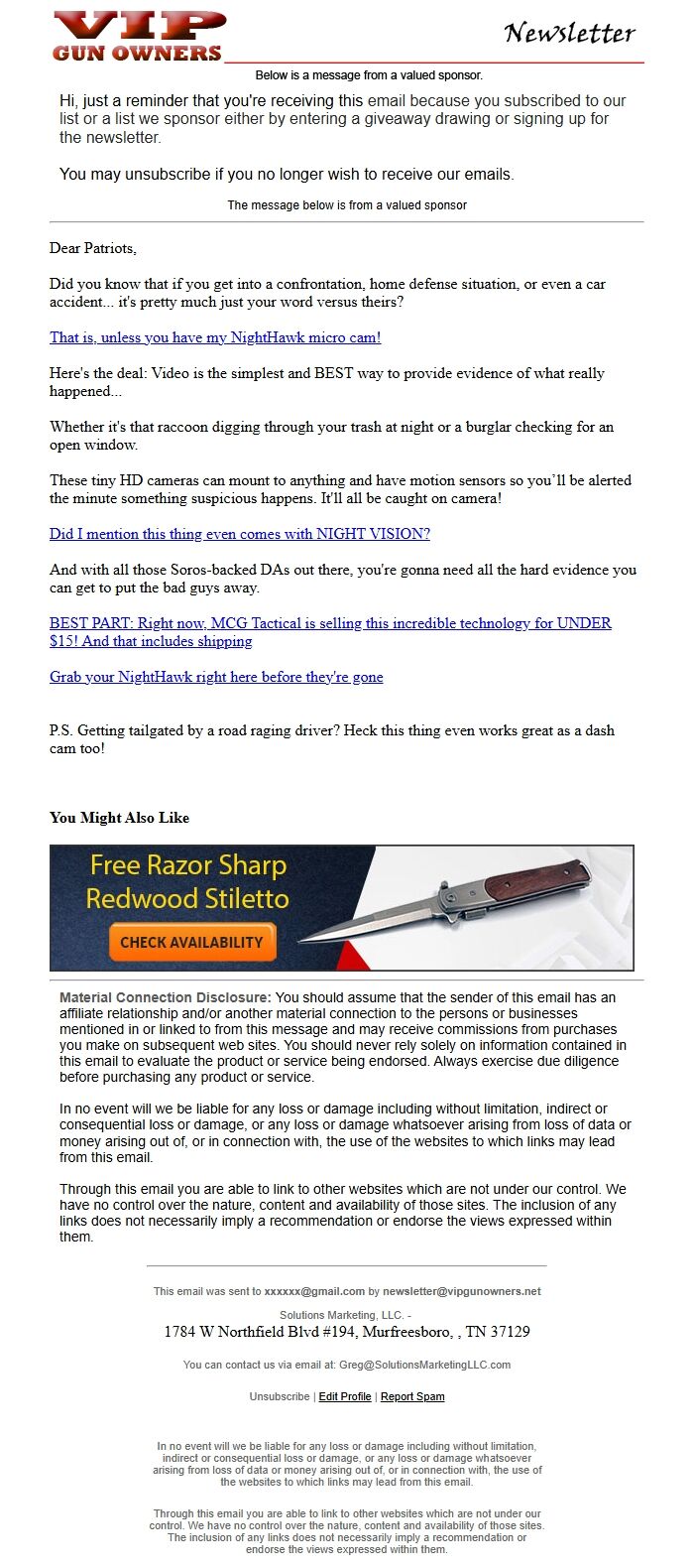 Screenshot of the email generated on import