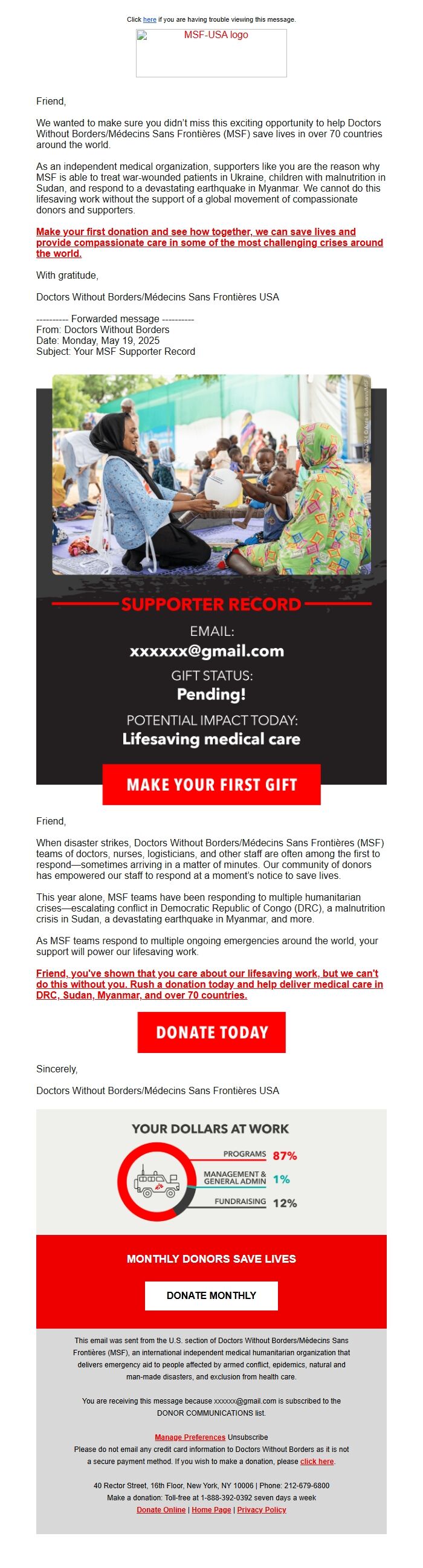 Screenshot of the email generated on import