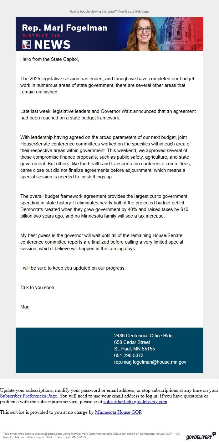 Screenshot of the email generated on import