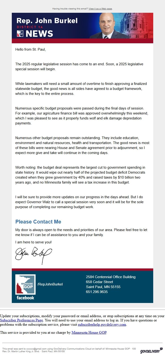 Screenshot of the email generated on import