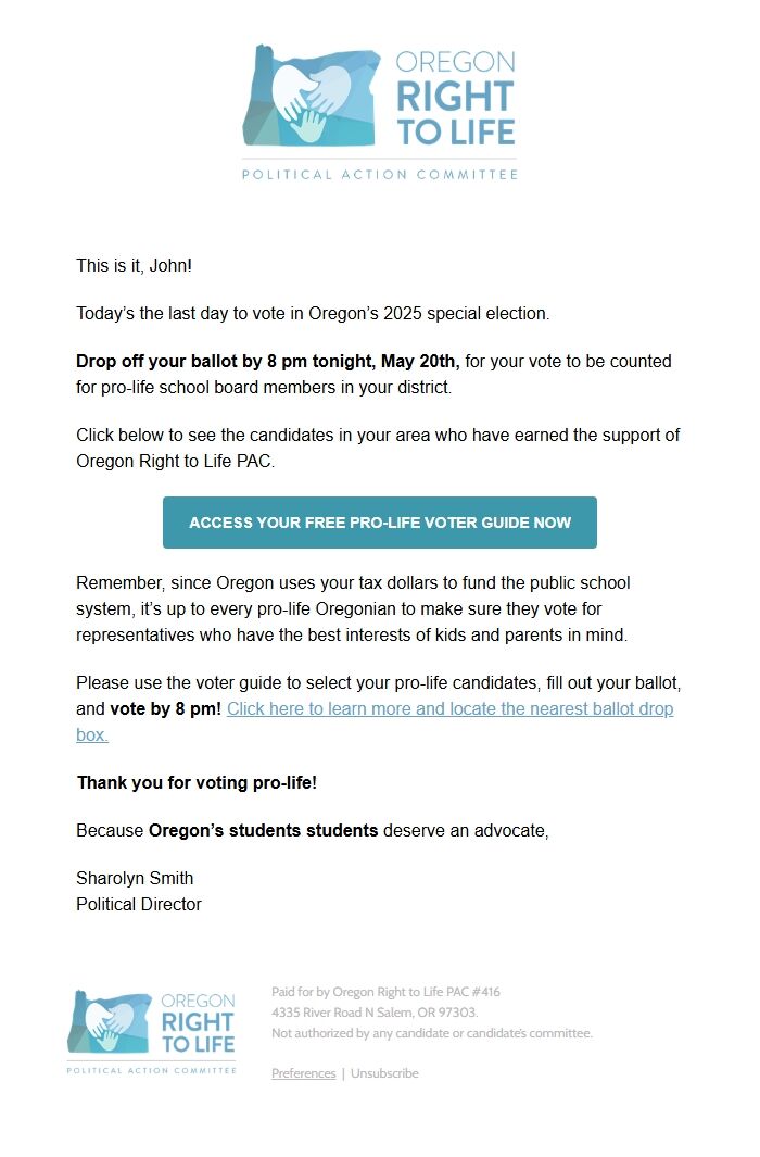 Screenshot of the email generated on import