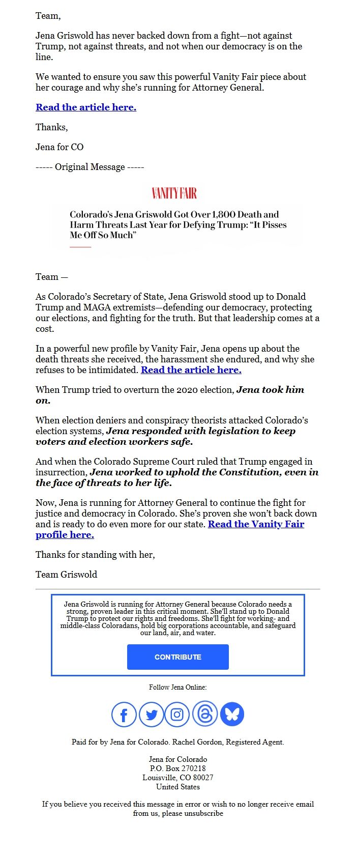 Screenshot of the email generated on import