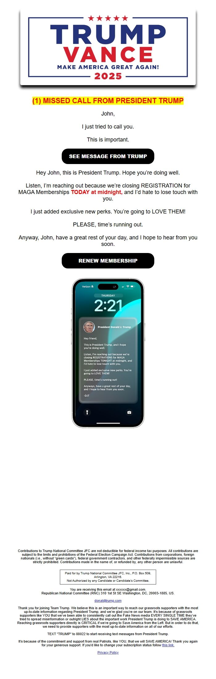 Screenshot of the email generated on import