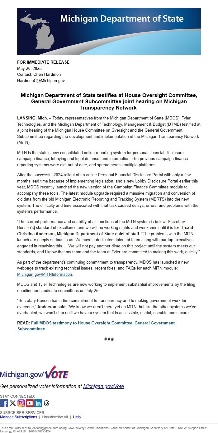 Screenshot of the email generated on import