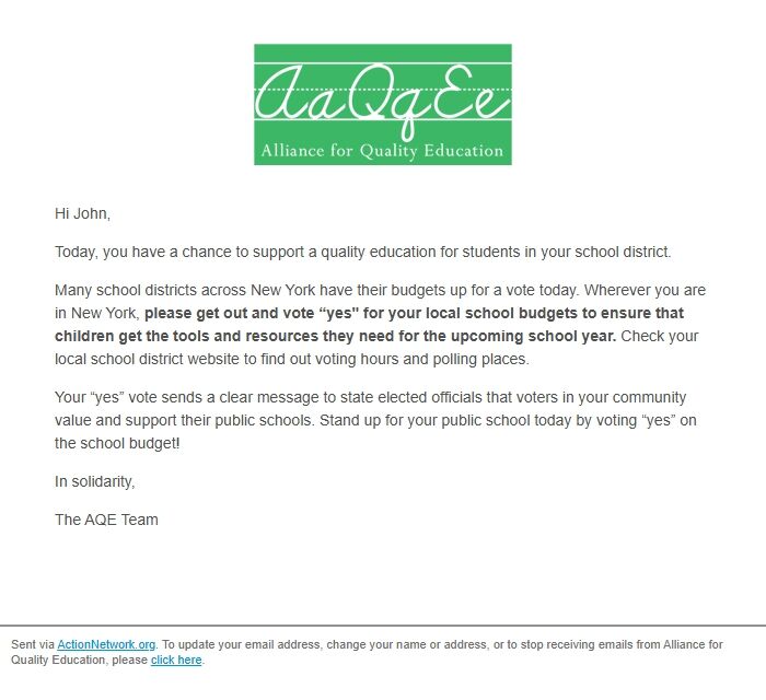 Screenshot of the email generated on import