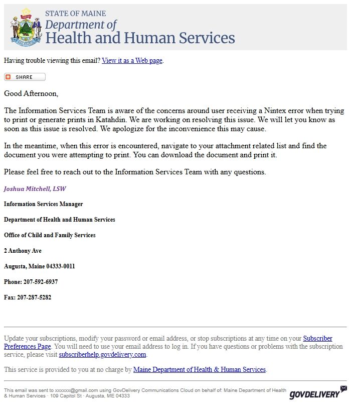 Screenshot of the email generated on import