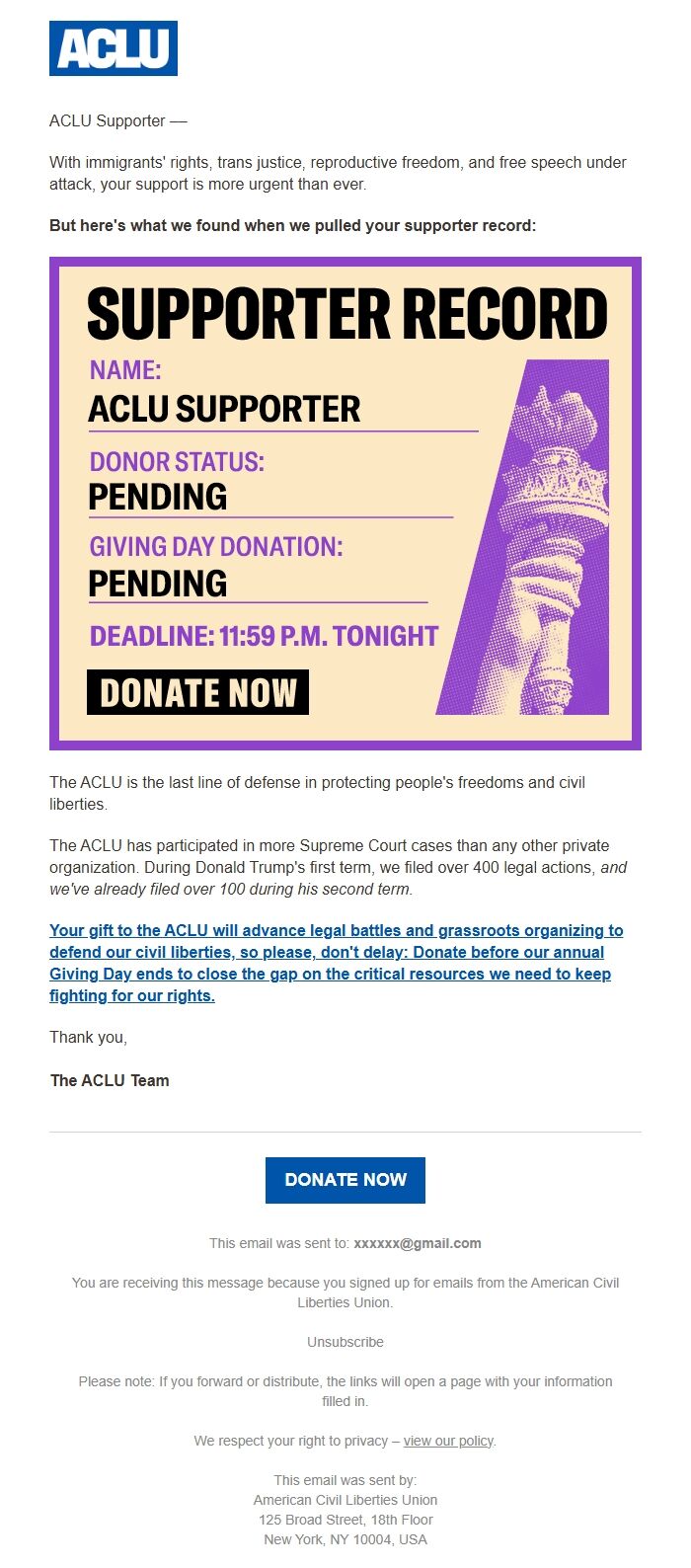 Screenshot of the email generated on import