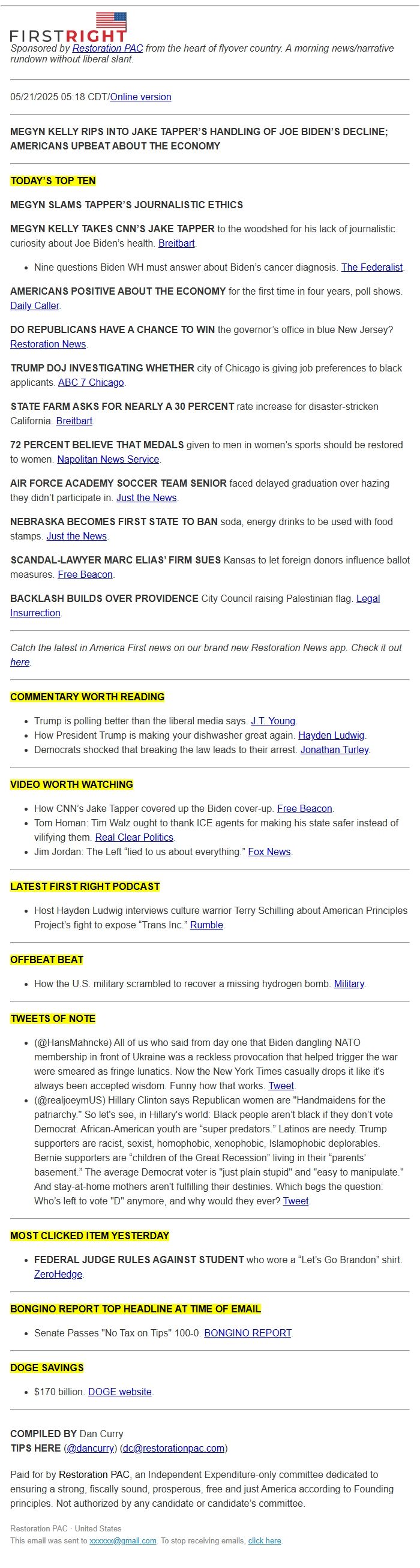 Screenshot of the email generated on import