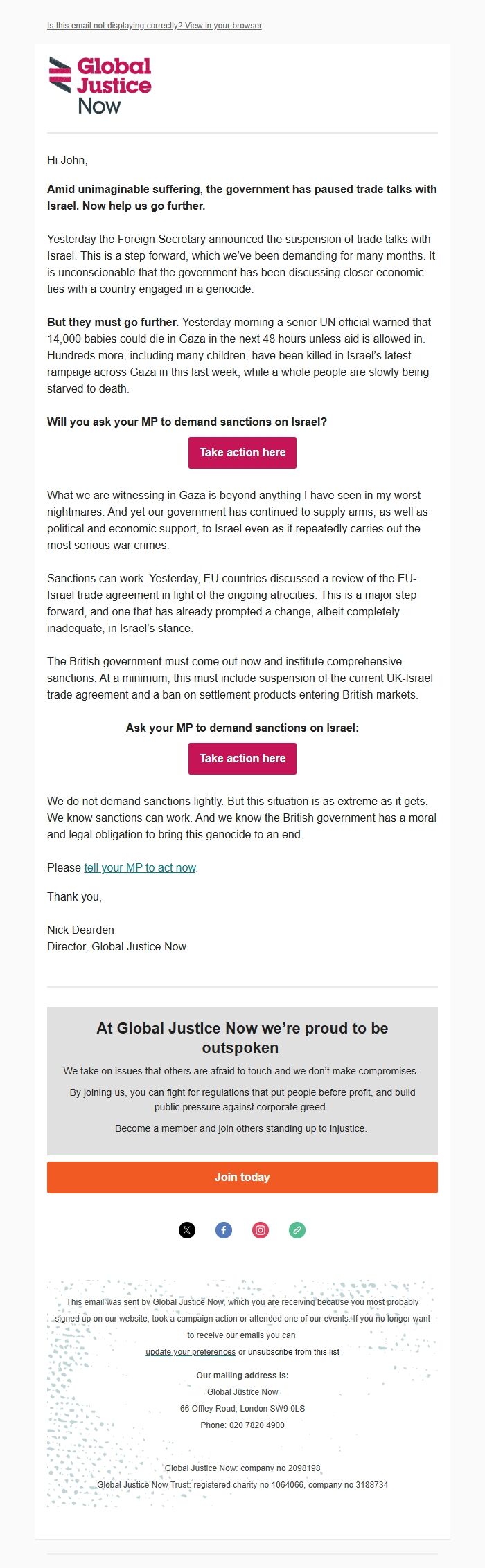 Screenshot of the email generated on import