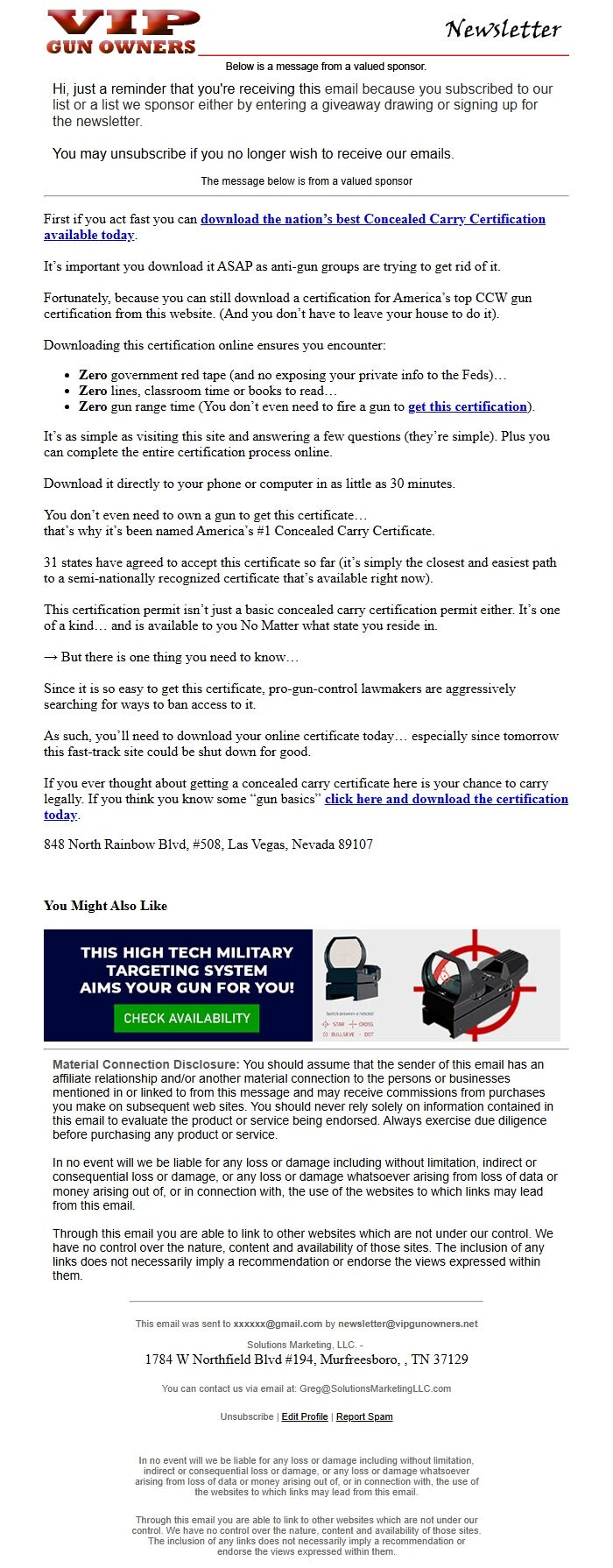 Screenshot of the email generated on import