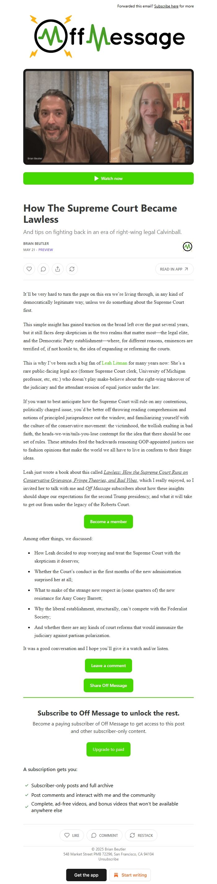 Screenshot of the email generated on import