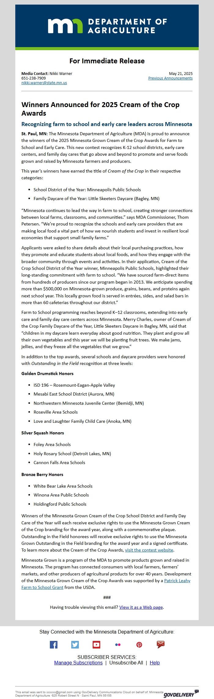 Screenshot of the email generated on import