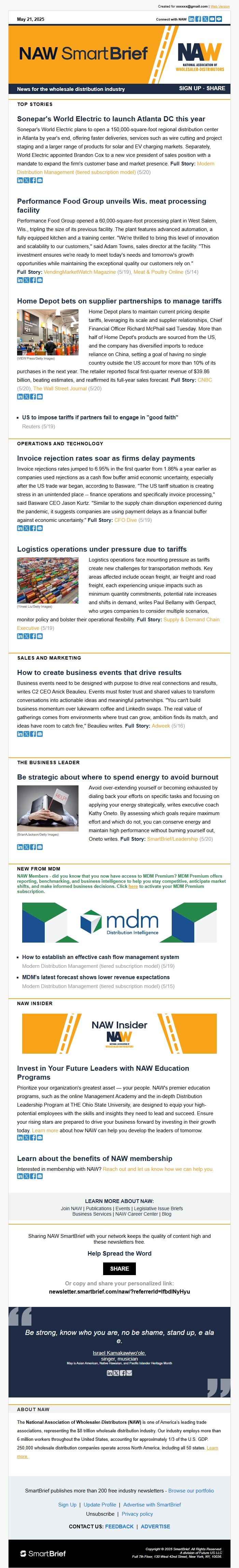 Screenshot of the email generated on import