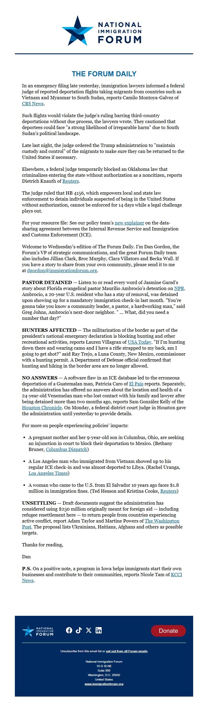 Screenshot of the email generated on import
