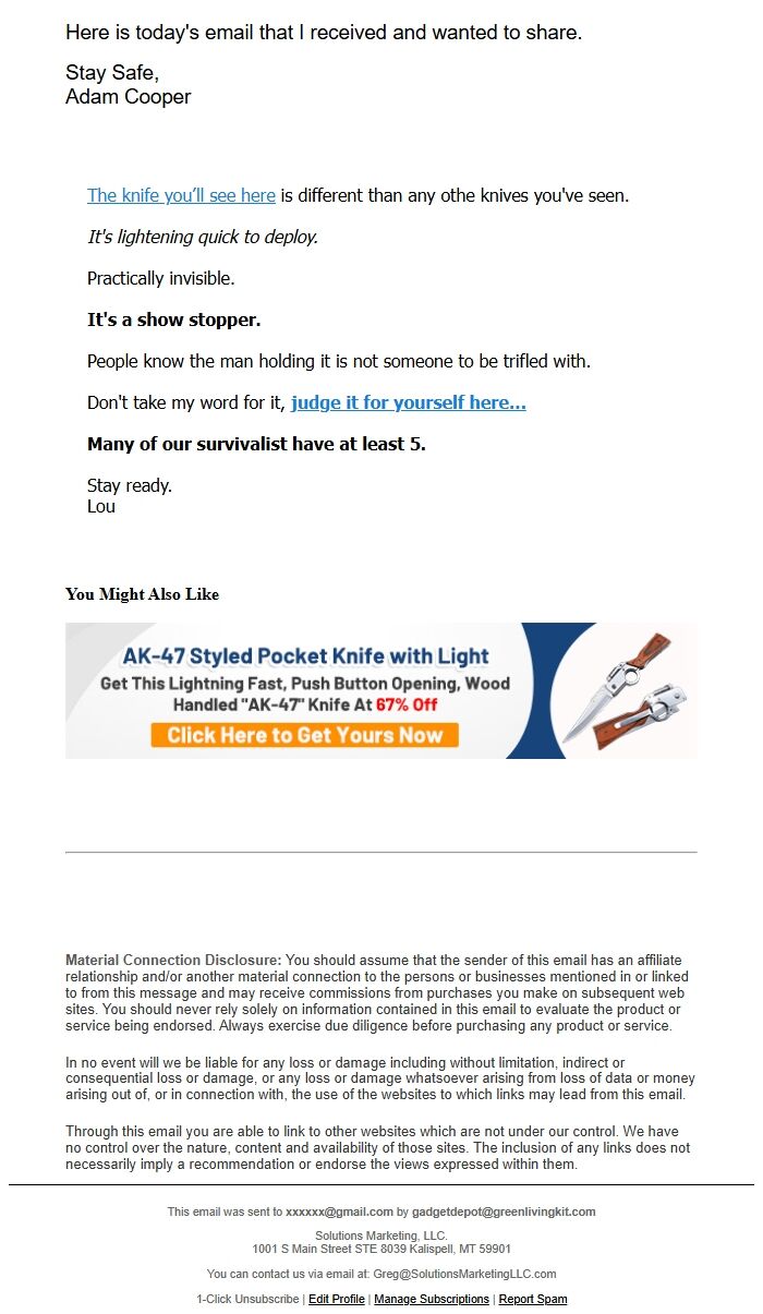 Screenshot of the email generated on import
