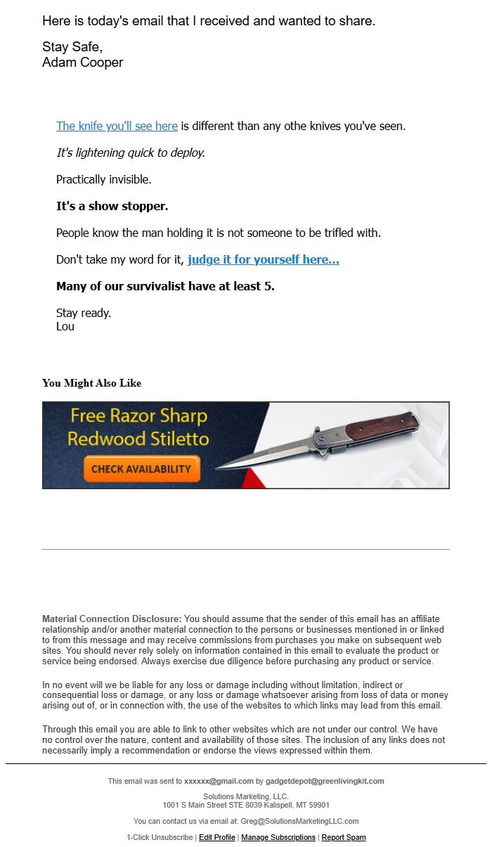 Screenshot of the email generated on import