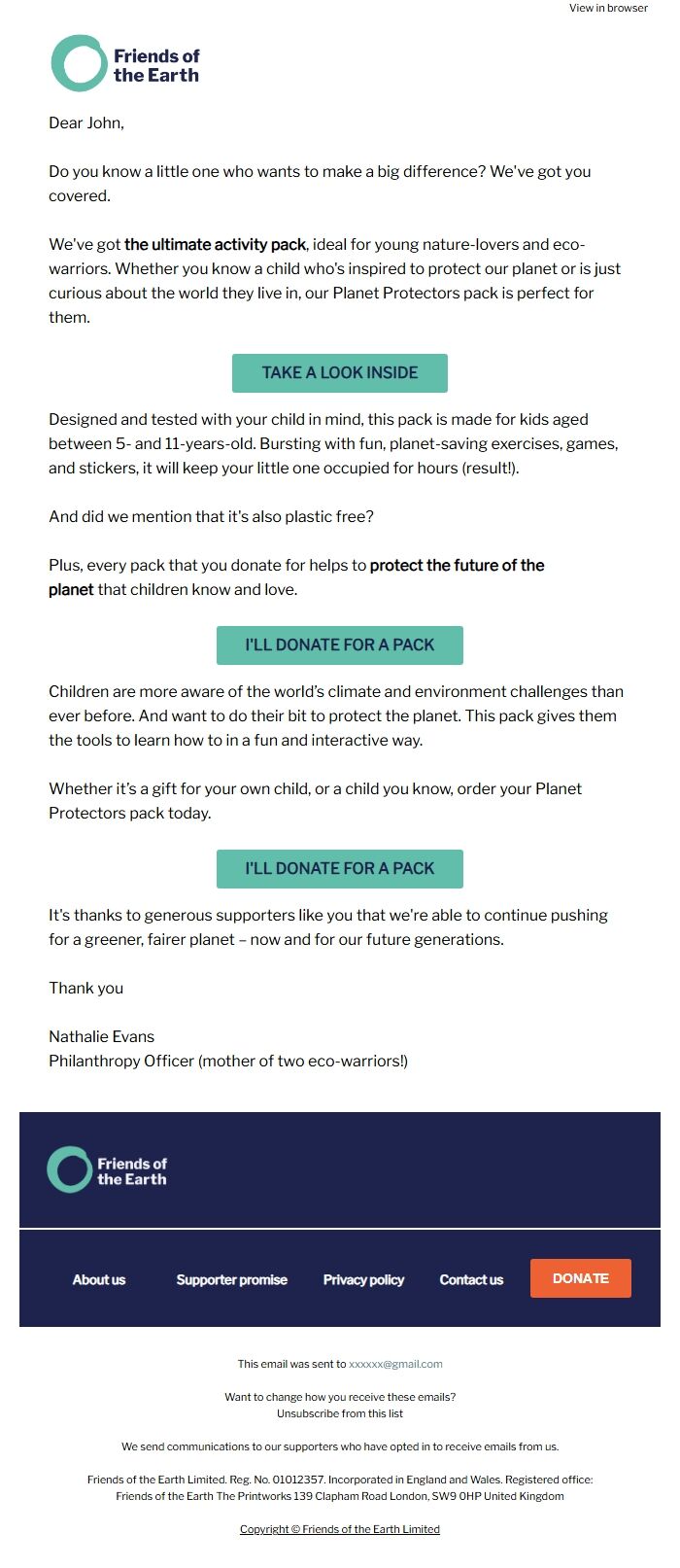 Screenshot of the email generated on import
