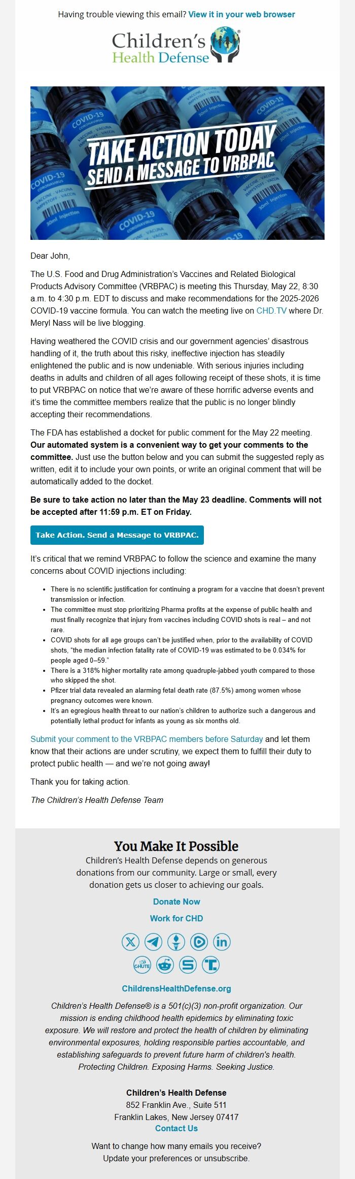 Screenshot of the email generated on import