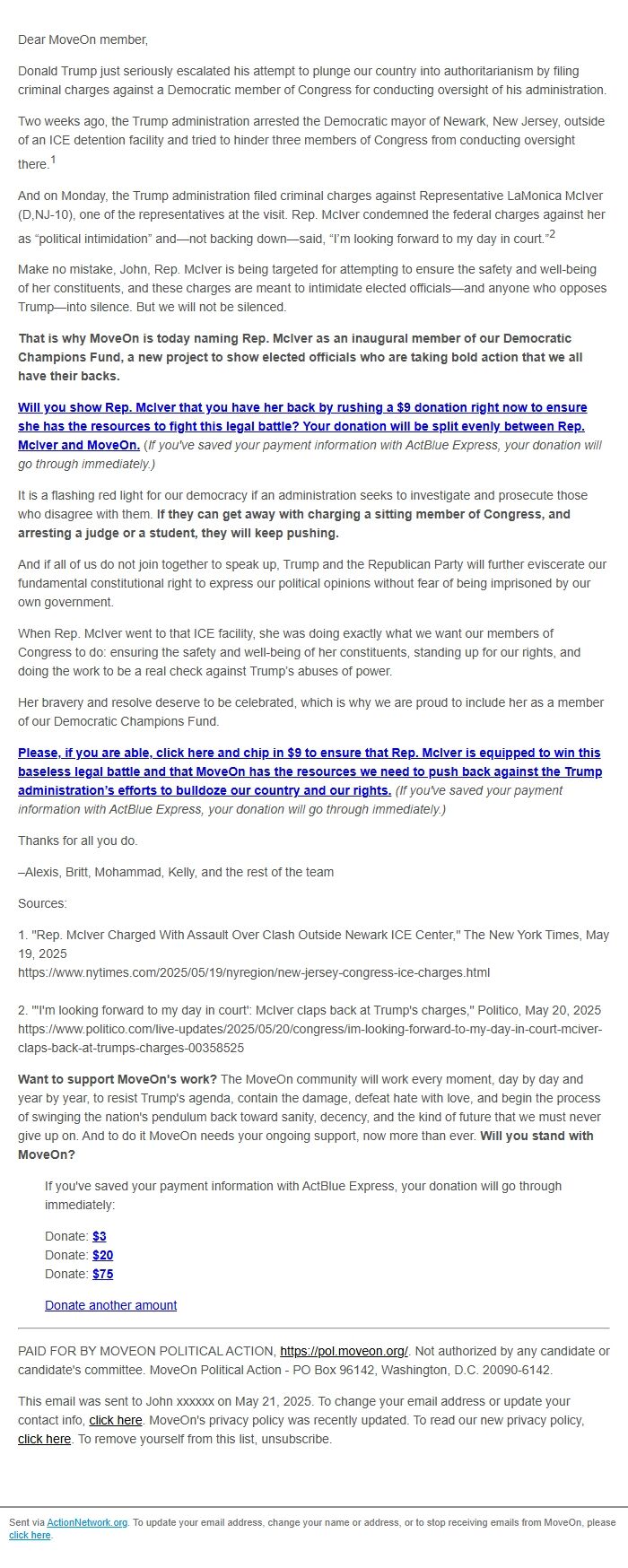Screenshot of the email generated on import