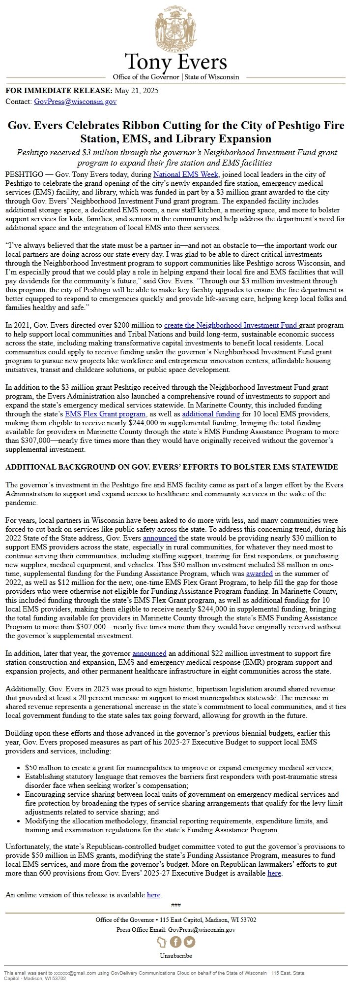 Screenshot of the email generated on import