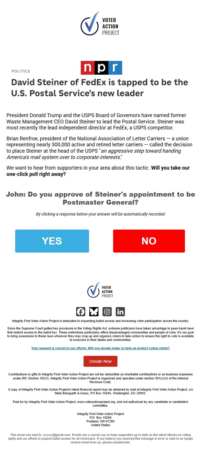 Screenshot of the email generated on import