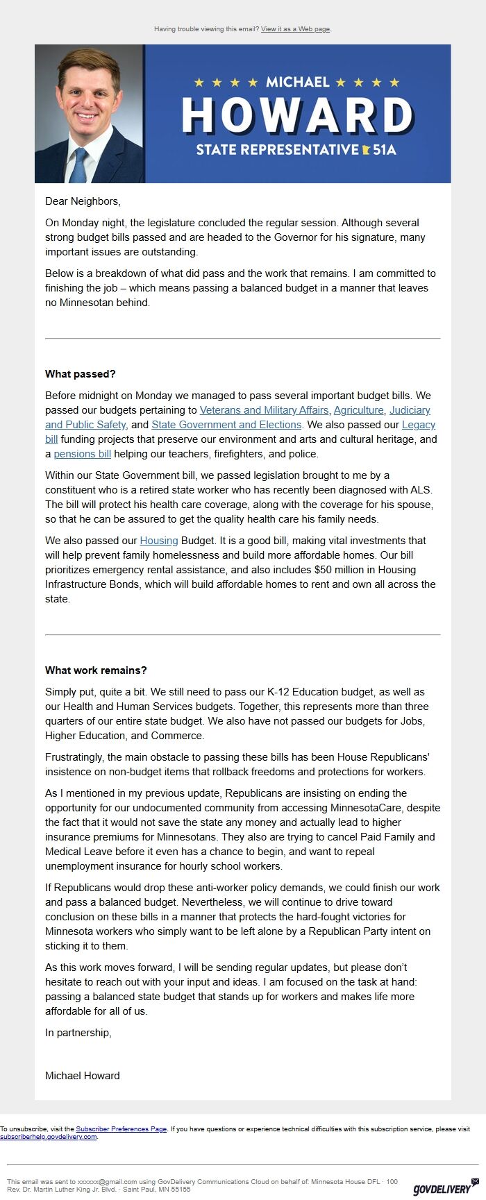 Screenshot of the email generated on import