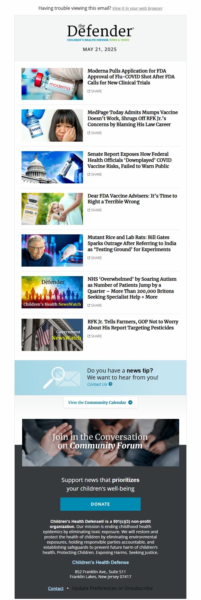 Screenshot of the email generated on import