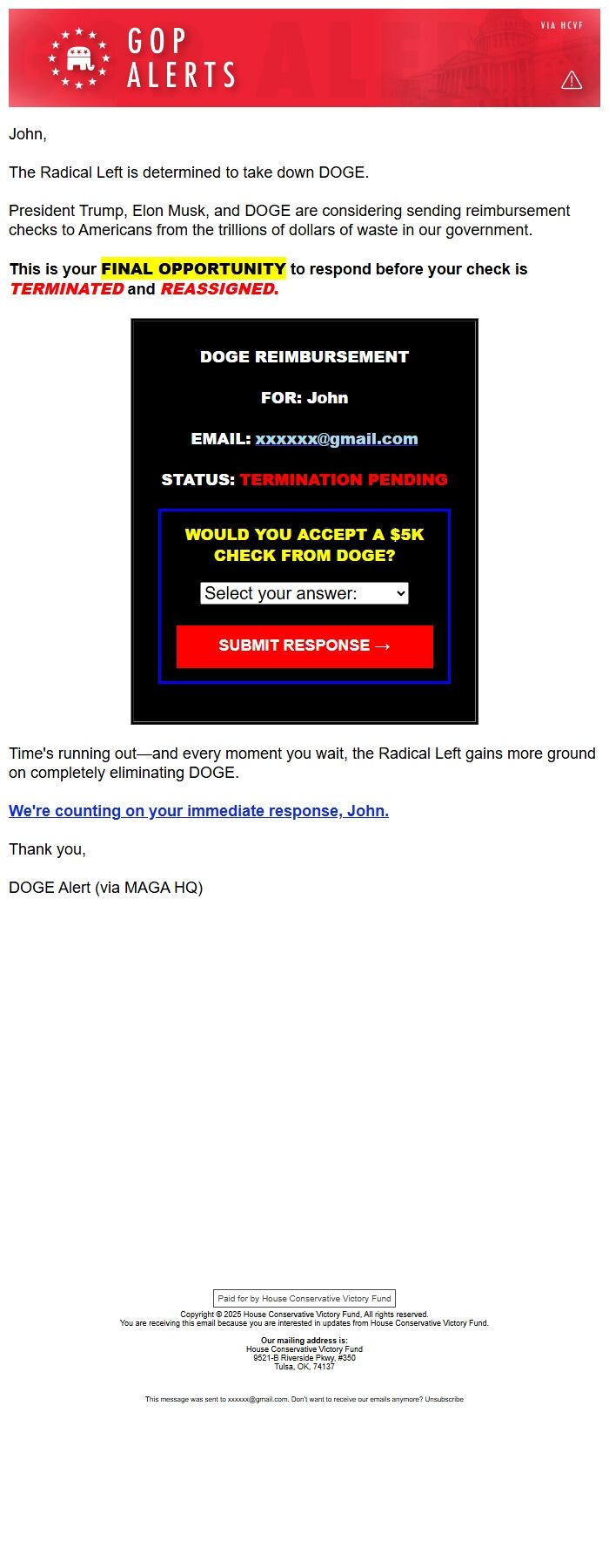 Screenshot of the email generated on import