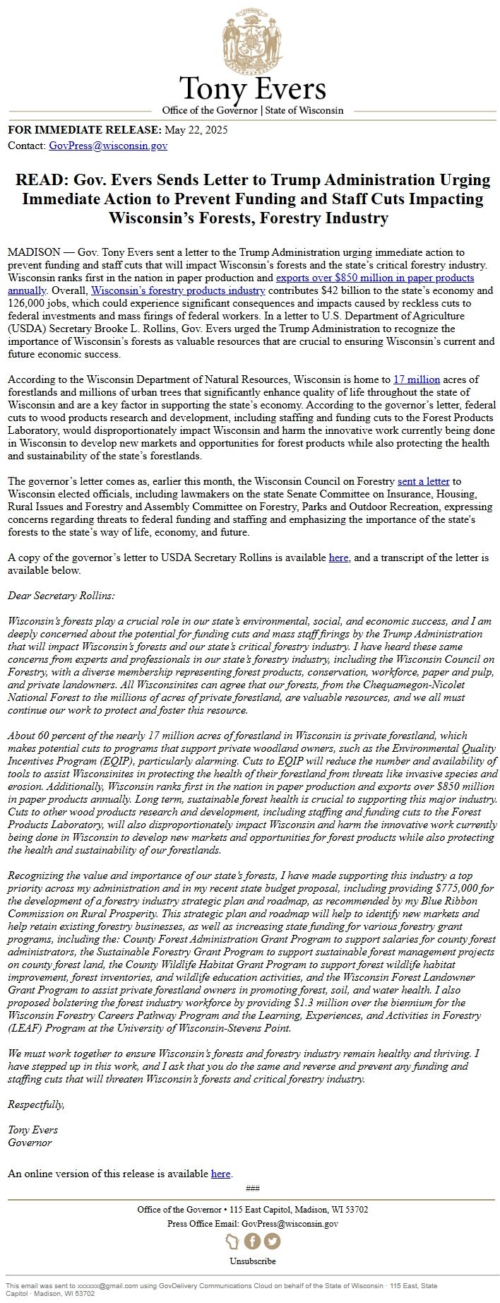 Screenshot of the email generated on import