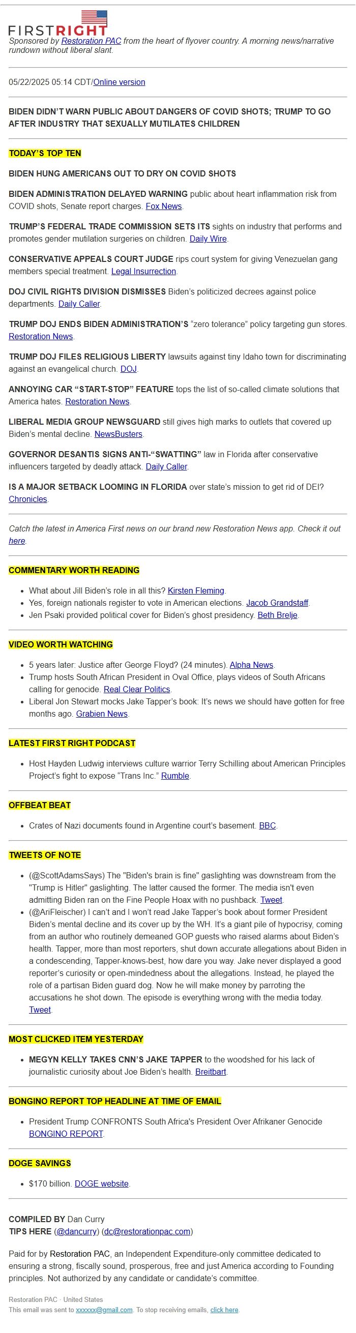 Screenshot of the email generated on import