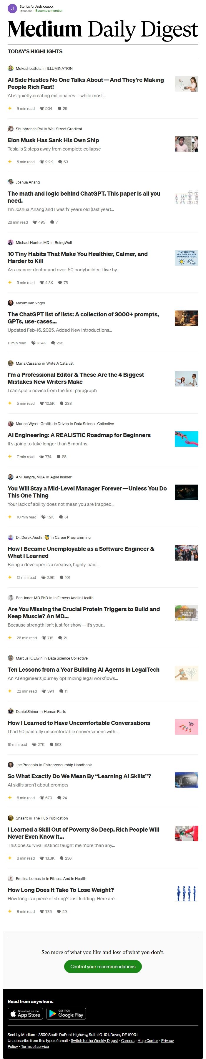 Screenshot of the email generated on import